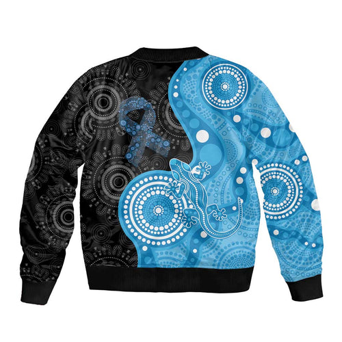 Australia Autism Awareness Month Bomber Jacket Indigenous Lizard With Blue Ribbon - Aussie Hoodie