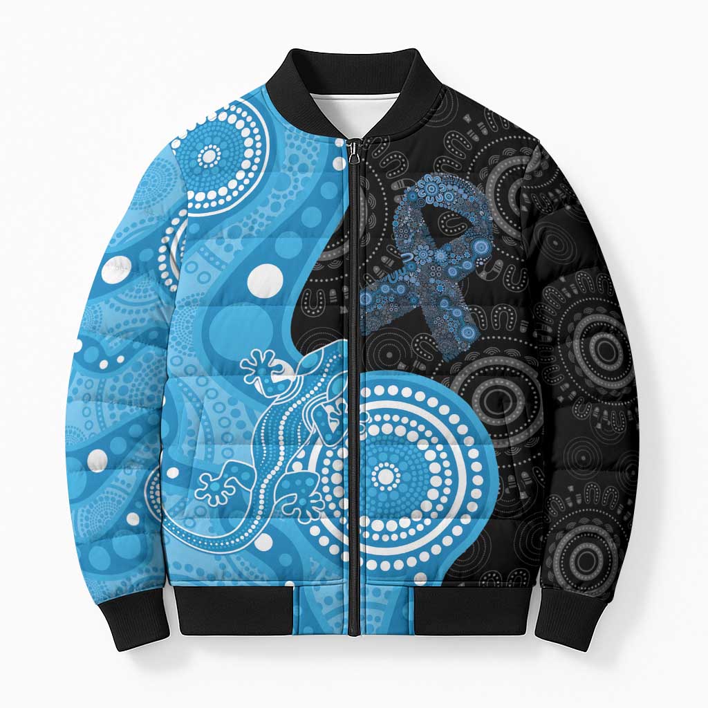 Australia Autism Awareness Month Bomber Puffer Jacket Indigenous Lizard With Blue Ribbon - Aussie Hoodie