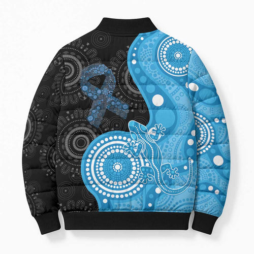 Australia Autism Awareness Month Bomber Puffer Jacket Indigenous Lizard With Blue Ribbon - Aussie Hoodie