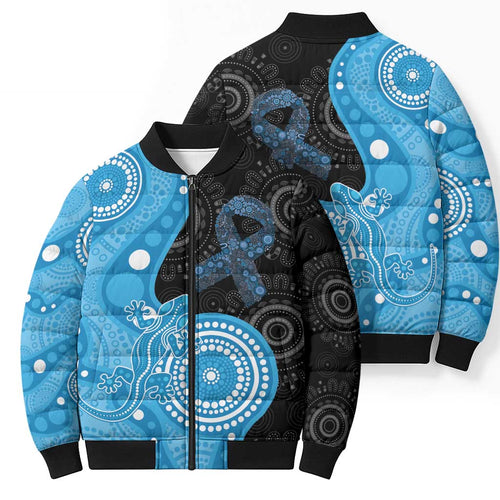 Australia Autism Awareness Month Bomber Puffer Jacket Indigenous Lizard With Blue Ribbon - Aussie Hoodie