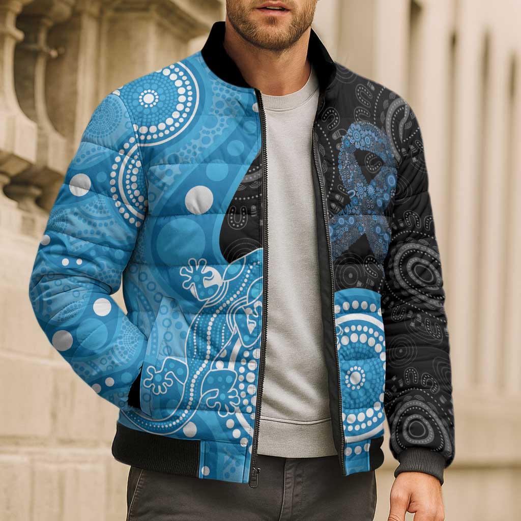 Australia Autism Awareness Month Bomber Puffer Jacket Indigenous Lizard With Blue Ribbon - Aussie Hoodie