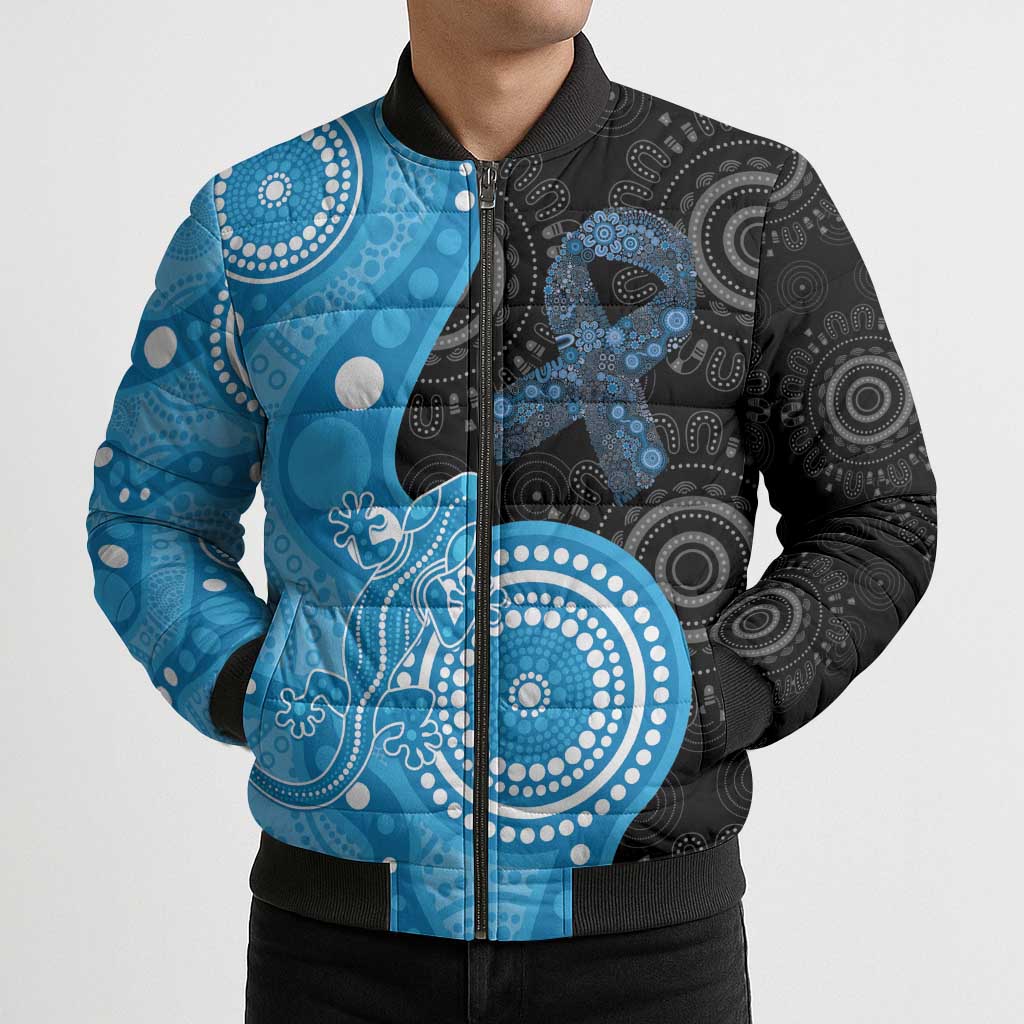 Australia Autism Awareness Month Bomber Puffer Jacket Indigenous Lizard With Blue Ribbon - Aussie Hoodie