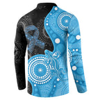 Australia Autism Awareness Month Button Sweatshirt Indigenous Lizard With Blue Ribbon - Aussie Hoodie
