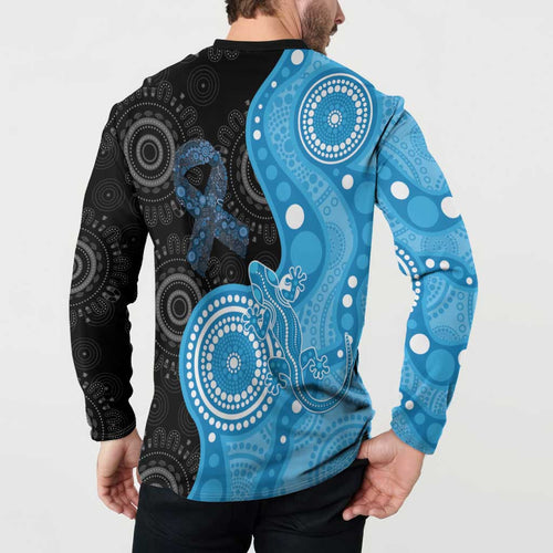 Australia Autism Awareness Month Button Sweatshirt Indigenous Lizard With Blue Ribbon - Aussie Hoodie