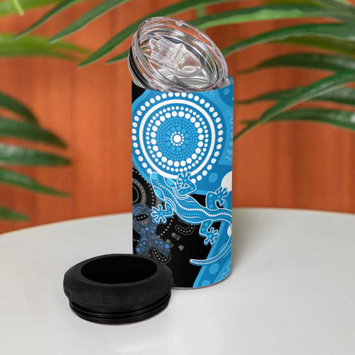 Australia Autism Awareness Month 4 in 1 Can Cooler Tumbler Indigenous Lizard With Blue Ribbon - Aussie Hoodie