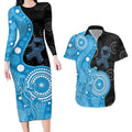 Australia Autism Awareness Month Couples Matching Long Sleeve Bodycon Dress and Hawaiian Shirt Indigenous Lizard With Blue Ribbon - Aussie Hoodie