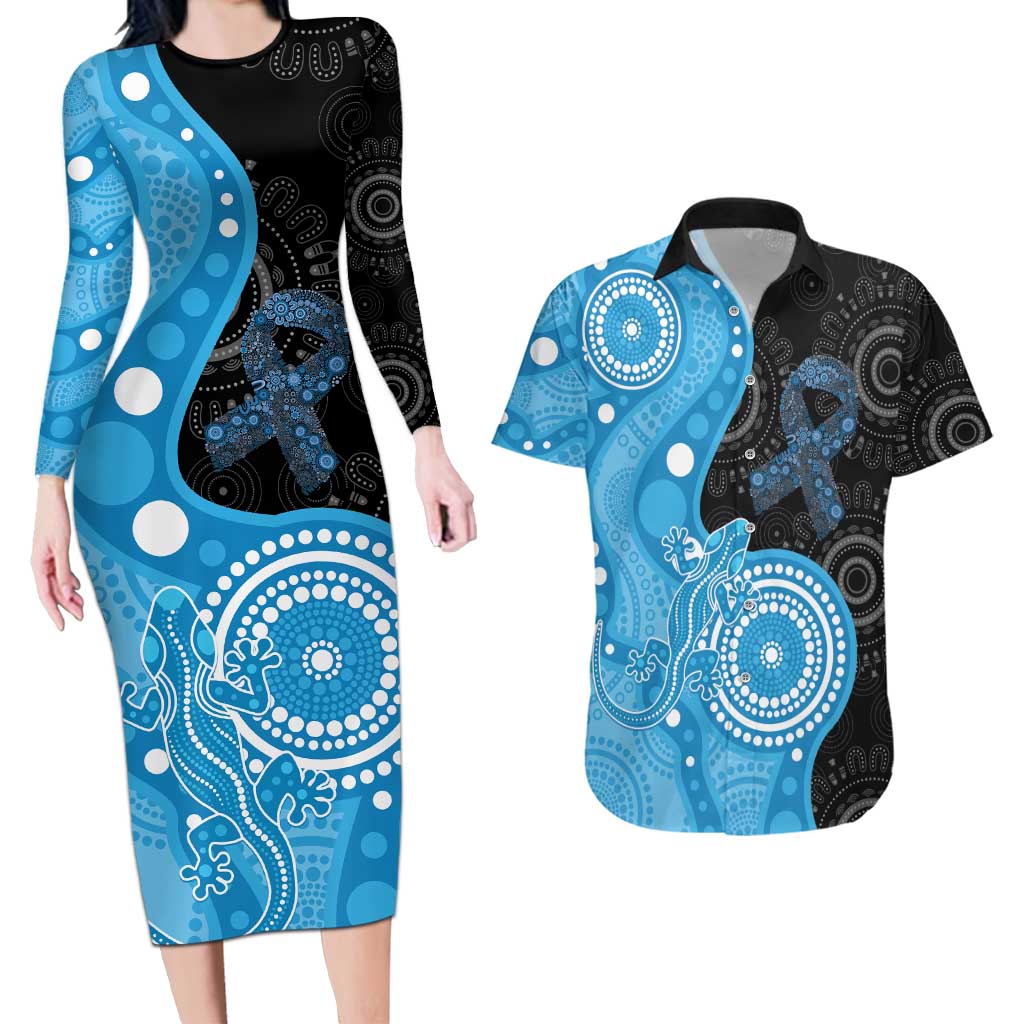 Australia Autism Awareness Month Couples Matching Long Sleeve Bodycon Dress and Hawaiian Shirt Indigenous Lizard With Blue Ribbon - Aussie Hoodie