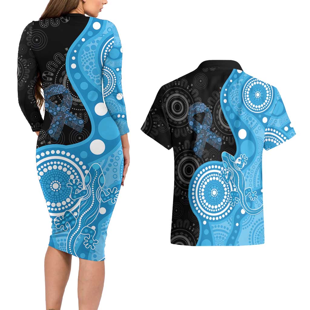 Australia Autism Awareness Month Couples Matching Long Sleeve Bodycon Dress and Hawaiian Shirt Indigenous Lizard With Blue Ribbon - Aussie Hoodie