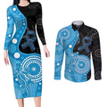 Australia Autism Awareness Month Couples Matching Long Sleeve Bodycon Dress and Long Sleeve Button Shirt Indigenous Lizard With Blue Ribbon - Aussie Hoodie