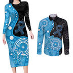 Australia Autism Awareness Month Couples Matching Long Sleeve Bodycon Dress and Long Sleeve Button Shirt Indigenous Lizard With Blue Ribbon - Aussie Hoodie