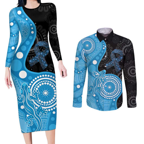 Australia Autism Awareness Month Couples Matching Long Sleeve Bodycon Dress and Long Sleeve Button Shirt Indigenous Lizard With Blue Ribbon - Aussie Hoodie