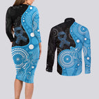 Australia Autism Awareness Month Couples Matching Long Sleeve Bodycon Dress and Long Sleeve Button Shirt Indigenous Lizard With Blue Ribbon - Aussie Hoodie
