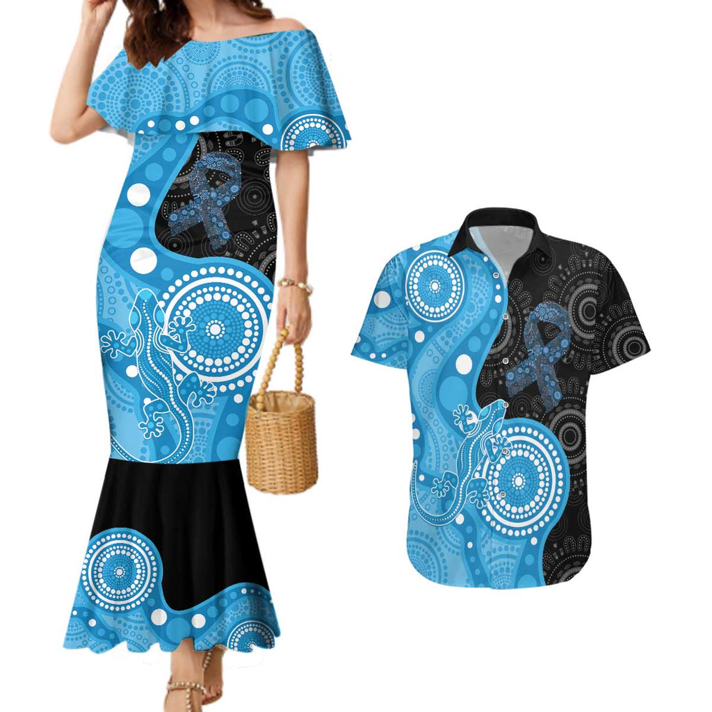 Australia Autism Awareness Month Couples Matching Mermaid Dress and Hawaiian Shirt Indigenous Lizard With Blue Ribbon - Aussie Hoodie