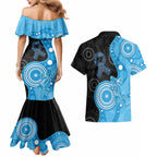 Australia Autism Awareness Month Couples Matching Mermaid Dress and Hawaiian Shirt Indigenous Lizard With Blue Ribbon - Aussie Hoodie