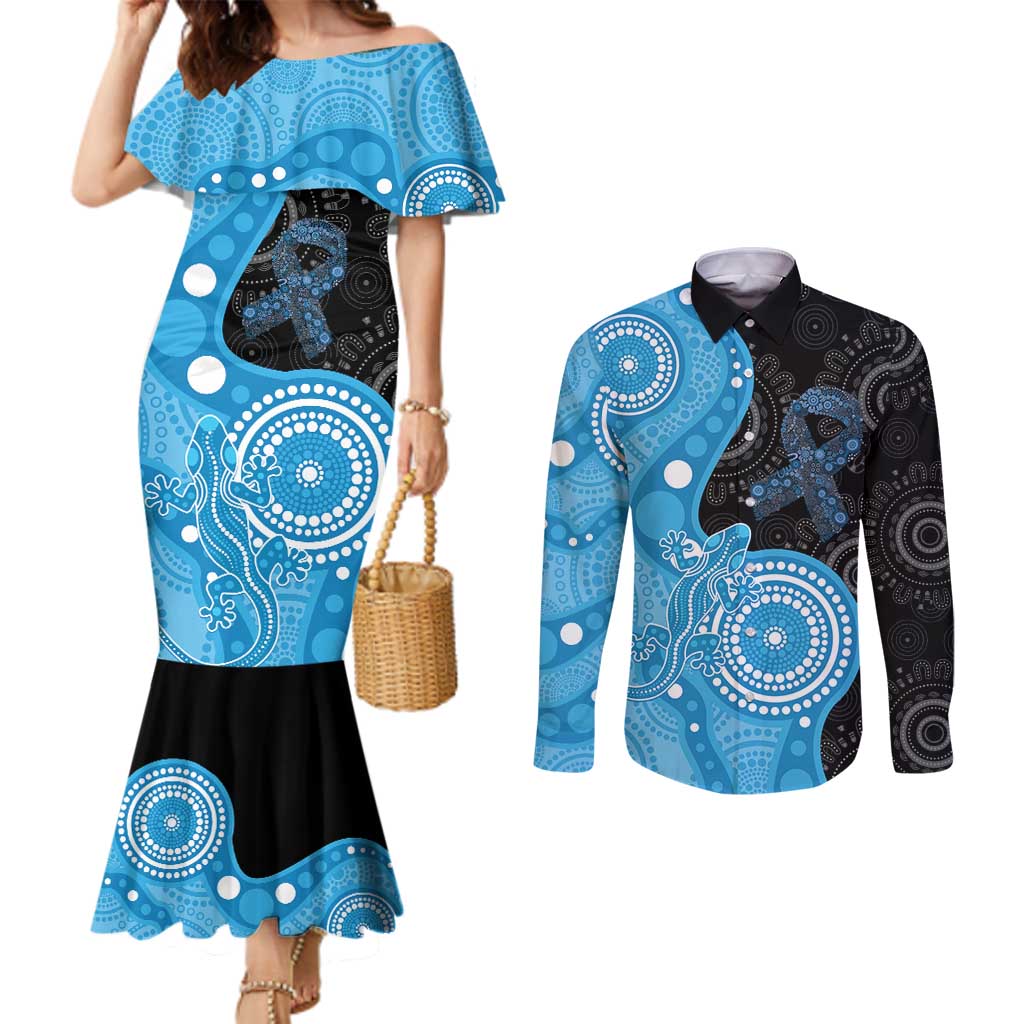 Australia Autism Awareness Month Couples Matching Mermaid Dress and Long Sleeve Button Shirt Indigenous Lizard With Blue Ribbon - Aussie Hoodie