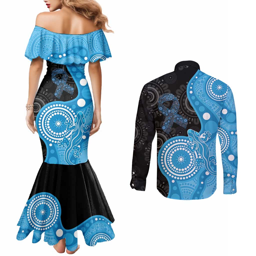 Australia Autism Awareness Month Couples Matching Mermaid Dress and Long Sleeve Button Shirt Indigenous Lizard With Blue Ribbon - Aussie Hoodie