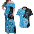 Australia Autism Awareness Month Couples Matching Off Shoulder Maxi Dress and Hawaiian Shirt Indigenous Lizard With Blue Ribbon - Aussie Hoodie