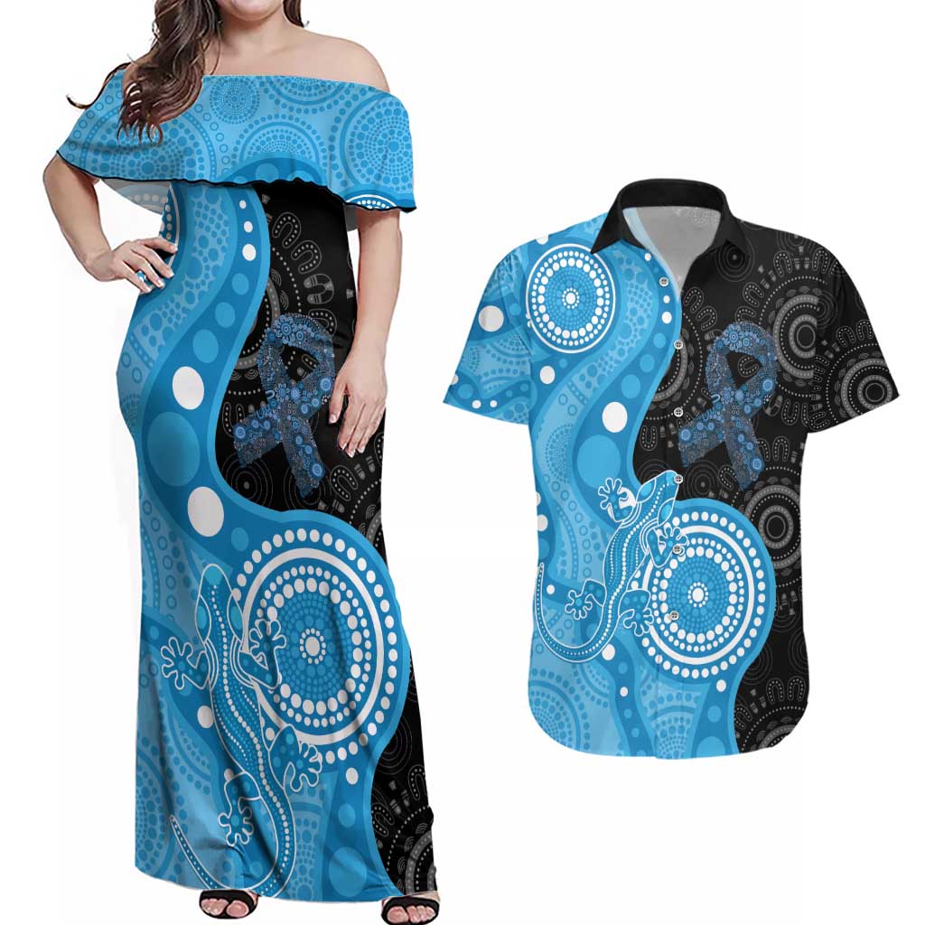 Australia Autism Awareness Month Couples Matching Off Shoulder Maxi Dress and Hawaiian Shirt Indigenous Lizard With Blue Ribbon - Aussie Hoodie