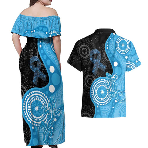 Australia Autism Awareness Month Couples Matching Off Shoulder Maxi Dress and Hawaiian Shirt Indigenous Lizard With Blue Ribbon - Aussie Hoodie