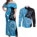 Australia Autism Awareness Month Couples Matching Off Shoulder Maxi Dress and Long Sleeve Button Shirt Indigenous Lizard With Blue Ribbon - Aussie Hoodie