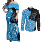 Australia Autism Awareness Month Couples Matching Off Shoulder Maxi Dress and Long Sleeve Button Shirt Indigenous Lizard With Blue Ribbon - Aussie Hoodie