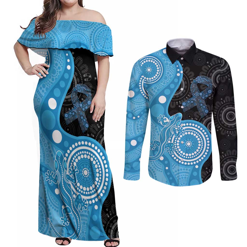 Australia Autism Awareness Month Couples Matching Off Shoulder Maxi Dress and Long Sleeve Button Shirt Indigenous Lizard With Blue Ribbon - Aussie Hoodie