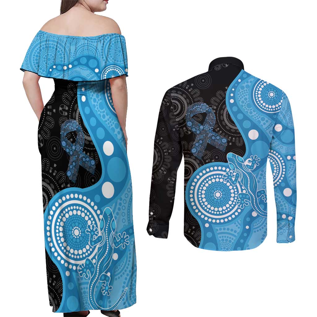 Australia Autism Awareness Month Couples Matching Off Shoulder Maxi Dress and Long Sleeve Button Shirt Indigenous Lizard With Blue Ribbon - Aussie Hoodie