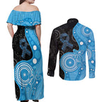 Australia Autism Awareness Month Couples Matching Off Shoulder Maxi Dress and Long Sleeve Button Shirt Indigenous Lizard With Blue Ribbon - Aussie Hoodie