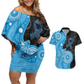 Australia Autism Awareness Month Couples Matching Off Shoulder Short Dress and Hawaiian Shirt Indigenous Lizard With Blue Ribbon - Aussie Hoodie