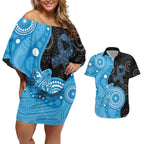 Australia Autism Awareness Month Couples Matching Off Shoulder Short Dress and Hawaiian Shirt Indigenous Lizard With Blue Ribbon - Aussie Hoodie
