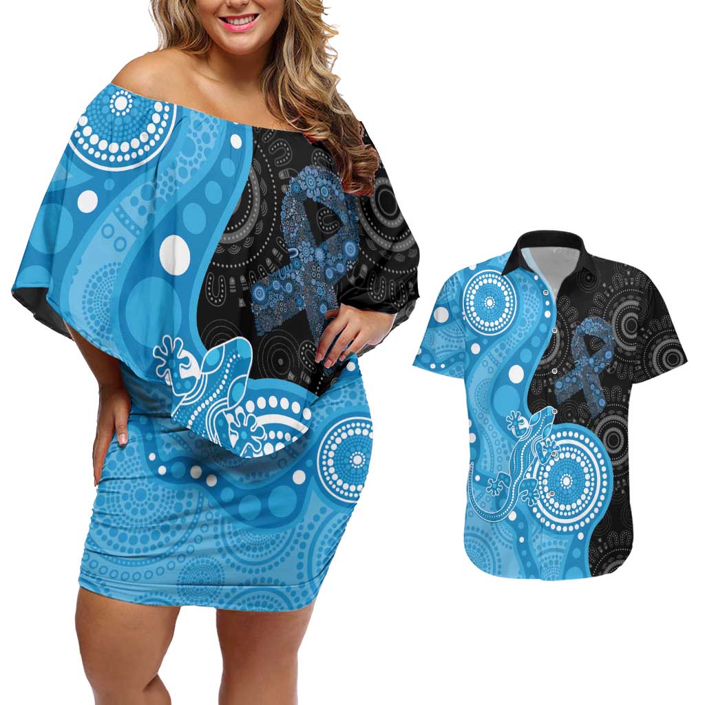 Australia Autism Awareness Month Couples Matching Off Shoulder Short Dress and Hawaiian Shirt Indigenous Lizard With Blue Ribbon - Aussie Hoodie