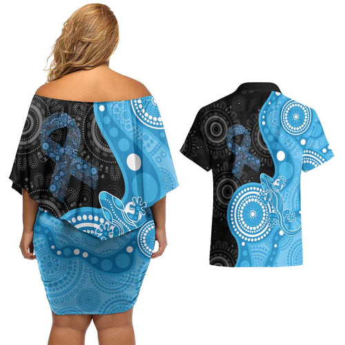 Australia Autism Awareness Month Couples Matching Off Shoulder Short Dress and Hawaiian Shirt Indigenous Lizard With Blue Ribbon - Aussie Hoodie