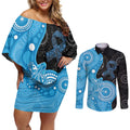 Australia Autism Awareness Month Couples Matching Off Shoulder Short Dress and Long Sleeve Button Shirt Indigenous Lizard With Blue Ribbon - Aussie Hoodie