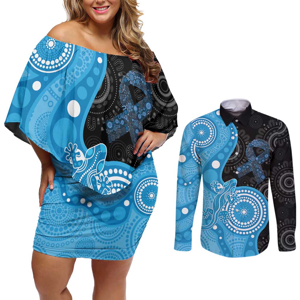 Australia Autism Awareness Month Couples Matching Off Shoulder Short Dress and Long Sleeve Button Shirt Indigenous Lizard With Blue Ribbon - Aussie Hoodie