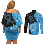 Australia Autism Awareness Month Couples Matching Off Shoulder Short Dress and Long Sleeve Button Shirt Indigenous Lizard With Blue Ribbon - Aussie Hoodie