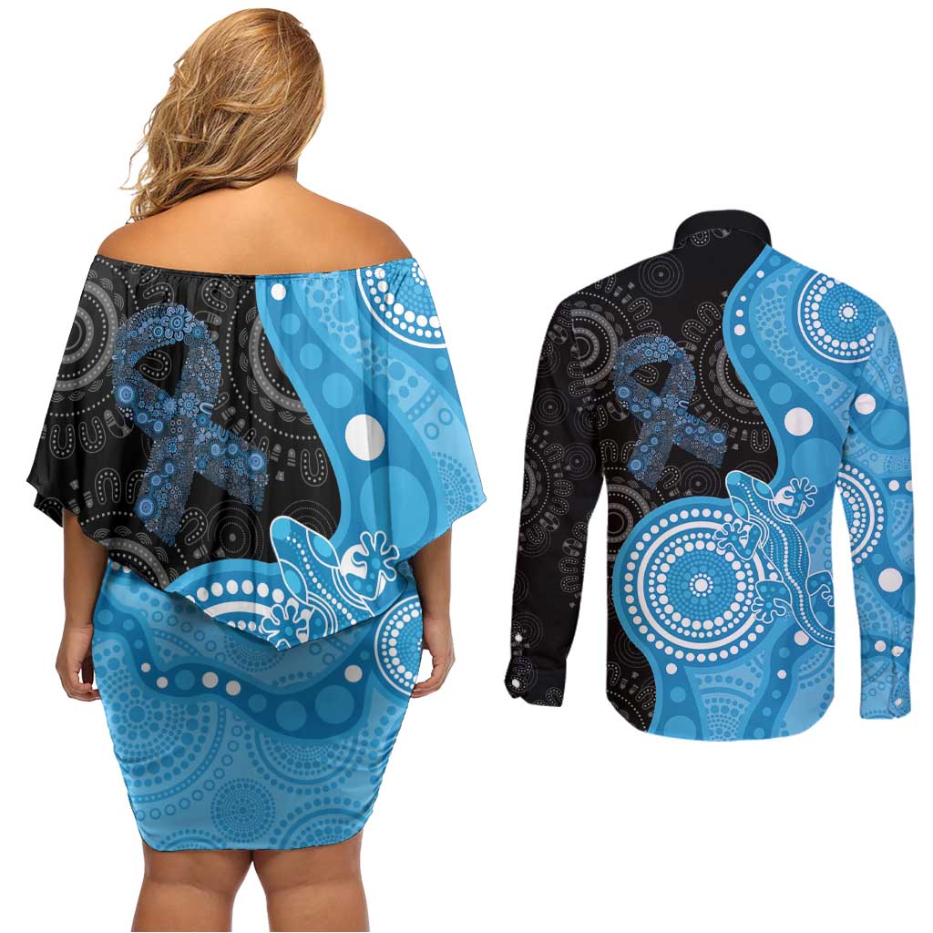 Australia Autism Awareness Month Couples Matching Off Shoulder Short Dress and Long Sleeve Button Shirt Indigenous Lizard With Blue Ribbon - Aussie Hoodie