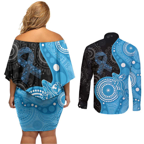 Australia Autism Awareness Month Couples Matching Off Shoulder Short Dress and Long Sleeve Button Shirt Indigenous Lizard With Blue Ribbon - Aussie Hoodie