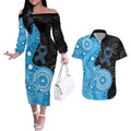 Australia Autism Awareness Month Couples Matching Off The Shoulder Long Sleeve Dress and Hawaiian Shirt Indigenous Lizard With Blue Ribbon - Aussie Hoodie