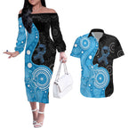 Australia Autism Awareness Month Couples Matching Off The Shoulder Long Sleeve Dress and Hawaiian Shirt Indigenous Lizard With Blue Ribbon - Aussie Hoodie