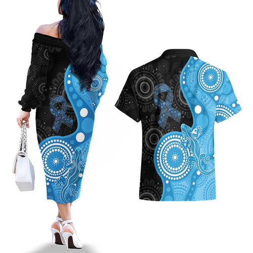 Australia Autism Awareness Month Couples Matching Off The Shoulder Long Sleeve Dress and Hawaiian Shirt Indigenous Lizard With Blue Ribbon - Aussie Hoodie