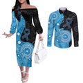 Australia Autism Awareness Month Couples Matching Off The Shoulder Long Sleeve Dress and Long Sleeve Button Shirt Indigenous Lizard With Blue Ribbon - Aussie Hoodie
