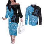 Australia Autism Awareness Month Couples Matching Off The Shoulder Long Sleeve Dress and Long Sleeve Button Shirt Indigenous Lizard With Blue Ribbon - Aussie Hoodie