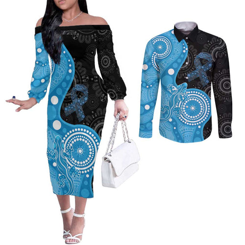 Australia Autism Awareness Month Couples Matching Off The Shoulder Long Sleeve Dress and Long Sleeve Button Shirt Indigenous Lizard With Blue Ribbon - Aussie Hoodie