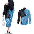 Australia Autism Awareness Month Couples Matching Off The Shoulder Long Sleeve Dress and Long Sleeve Button Shirt Indigenous Lizard With Blue Ribbon - Aussie Hoodie