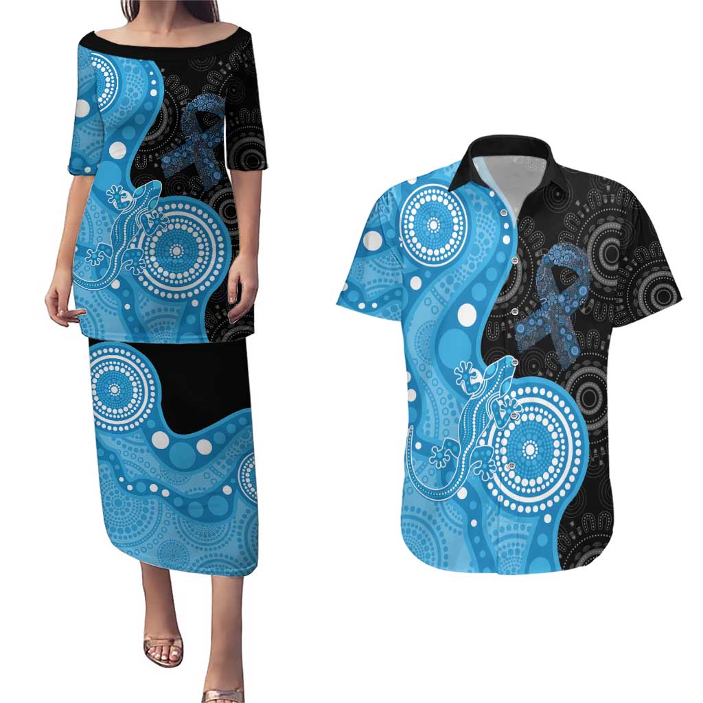 Australia Autism Awareness Month Couples Matching Puletasi and Hawaiian Shirt Indigenous Lizard With Blue Ribbon - Aussie Hoodie