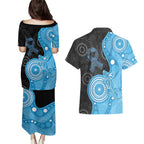 Australia Autism Awareness Month Couples Matching Puletasi and Hawaiian Shirt Indigenous Lizard With Blue Ribbon - Aussie Hoodie