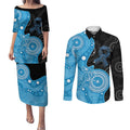 Australia Autism Awareness Month Couples Matching Puletasi and Long Sleeve Button Shirt Indigenous Lizard With Blue Ribbon - Aussie Hoodie