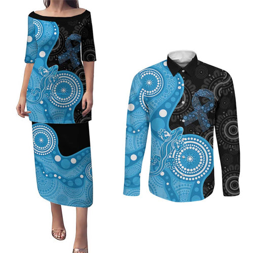 Australia Autism Awareness Month Couples Matching Puletasi and Long Sleeve Button Shirt Indigenous Lizard With Blue Ribbon - Aussie Hoodie