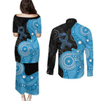 Australia Autism Awareness Month Couples Matching Puletasi and Long Sleeve Button Shirt Indigenous Lizard With Blue Ribbon - Aussie Hoodie