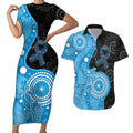 Australia Autism Awareness Month Couples Matching Short Sleeve Bodycon Dress and Hawaiian Shirt Indigenous Lizard With Blue Ribbon - Aussie Hoodie